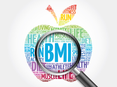 BMI - Body Mass Index, apple word cloud with magnifying glass, health concept